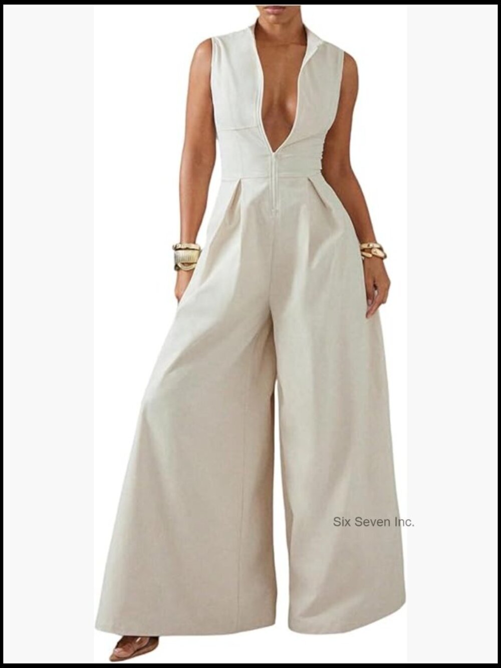 Zipper Front Wide Leg Jumpsuit Mock Neck Sleeveless